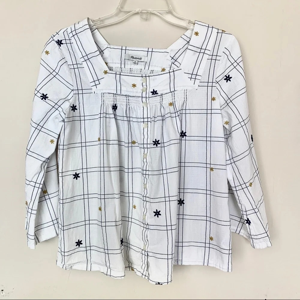 Madewell Windowpane Square-Neck Button-Down Top size XS